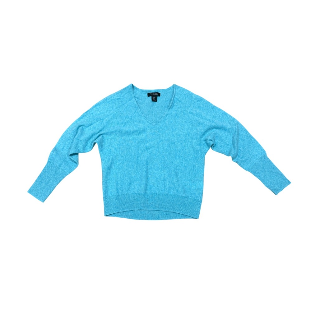 Tahari Turquoise 100% 2-Ply Cashmere V-Neck Sweater Women Medium M Blue Knit